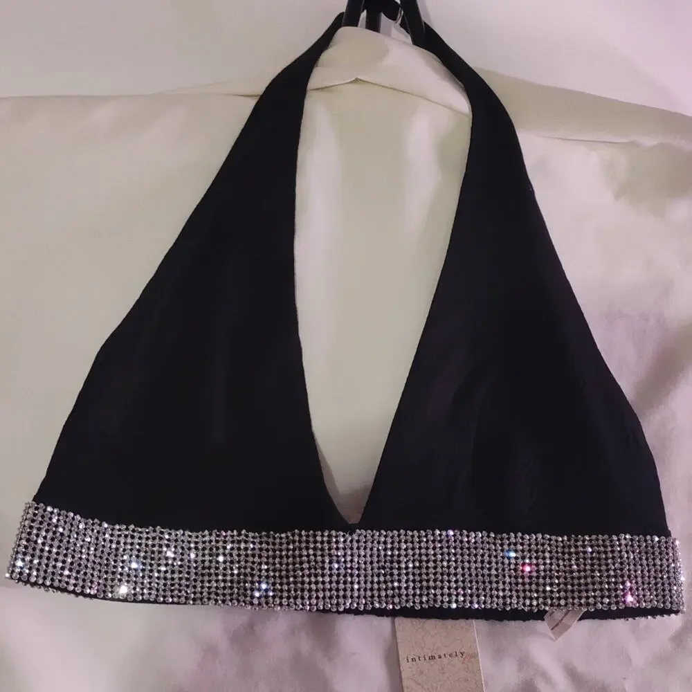 Free People Intimately Rhinestone Halter Bralette Black Adjustable Strap Size S